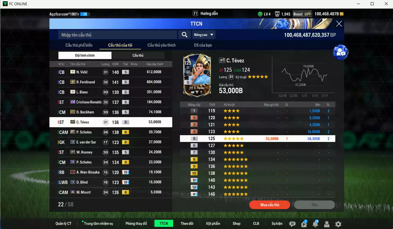 Ảnh [Tặng 100FC] Man Utd. 2.040.980b dư 100kb có Ferdinand ITM+5, Vidic ITM+5, Blanc ITM+5, CR7 CH, Beckham DCB, Tévez WS, Scholes DC, Rooney WS...