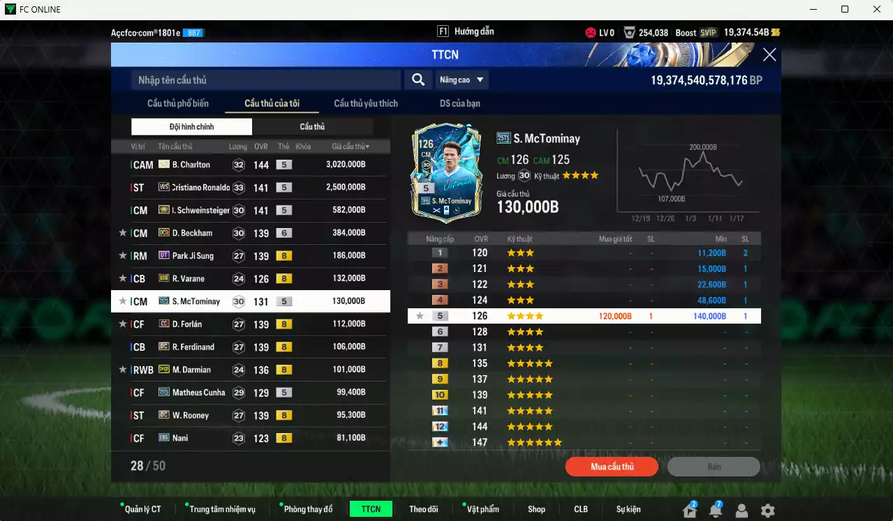 Ảnh Man Utd. 7.926.610b có Charlton ITM+5, CR7 WS, Schweinsteiger ITM+5, Beckham DCB+6, Park UT, Varane BTB, McTominay 25TS, Forlán CC, Ferdinand DC, Darmian 24EP, Cunha 25TS, Rooney DC... Full miniface, còn nhiều thẻ BV NCL. HLV Xịn, đẫ full đào tạo chỉ số cầu thủ vs gần full đào tạo chiến thuật