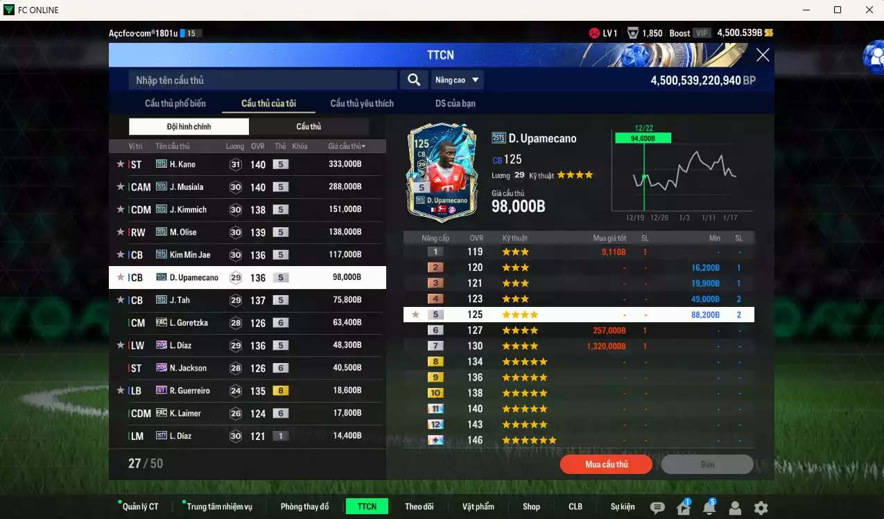 Ảnh Bayern Munich 1.419.620b có Kane 25TS, Musiala 25TS, Kimmich 25TS, Olise 25TS, Kim Min Jae 25TS, Upamecano 25TS, Tah 25TS, Goretzka FC+6, Díaz 25DP, Jackson 25DP...