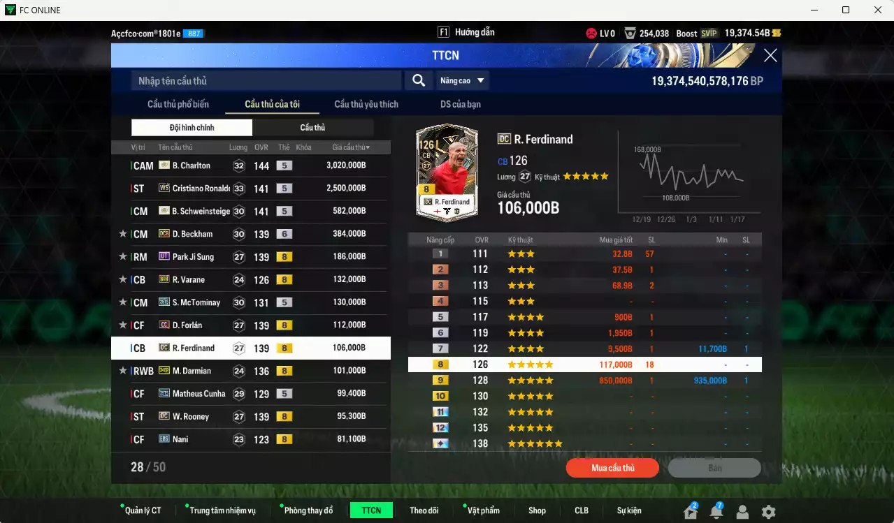 Ảnh Man Utd. 7.926.610b có Charlton ITM+5, CR7 WS, Schweinsteiger ITM+5, Beckham DCB+6, Park UT, Varane BTB, McTominay 25TS, Forlán CC, Ferdinand DC, Darmian 24EP, Cunha 25TS, Rooney DC... Full miniface, còn nhiều thẻ BV NCL. HLV Xịn, đẫ full đào tạo chỉ số cầu thủ vs gần full đào tạo chiến thuật