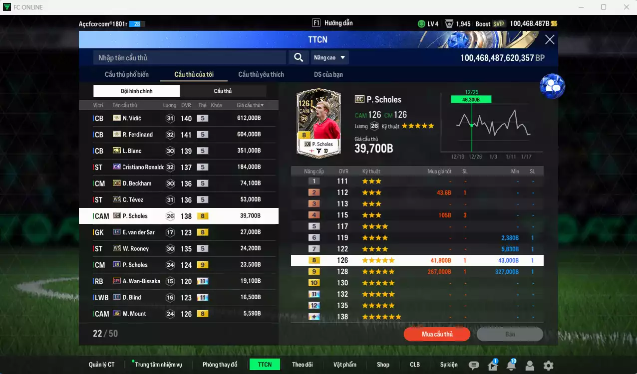 Ảnh [Tặng 100FC] Man Utd. 2.040.980b dư 100kb có Ferdinand ITM+5, Vidic ITM+5, Blanc ITM+5, CR7 CH, Beckham DCB, Tévez WS, Scholes DC, Rooney WS...