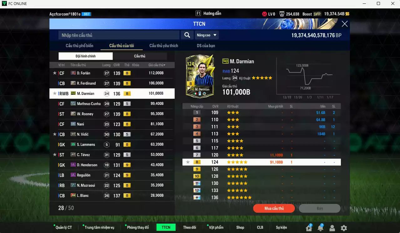 Ảnh Man Utd. 7.926.610b có Charlton ITM+5, CR7 WS, Schweinsteiger ITM+5, Beckham DCB+6, Park UT, Varane BTB, McTominay 25TS, Forlán CC, Ferdinand DC, Darmian 24EP, Cunha 25TS, Rooney DC... Full miniface, còn nhiều thẻ BV NCL. HLV Xịn, đẫ full đào tạo chỉ số cầu thủ vs gần full đào tạo chiến thuật