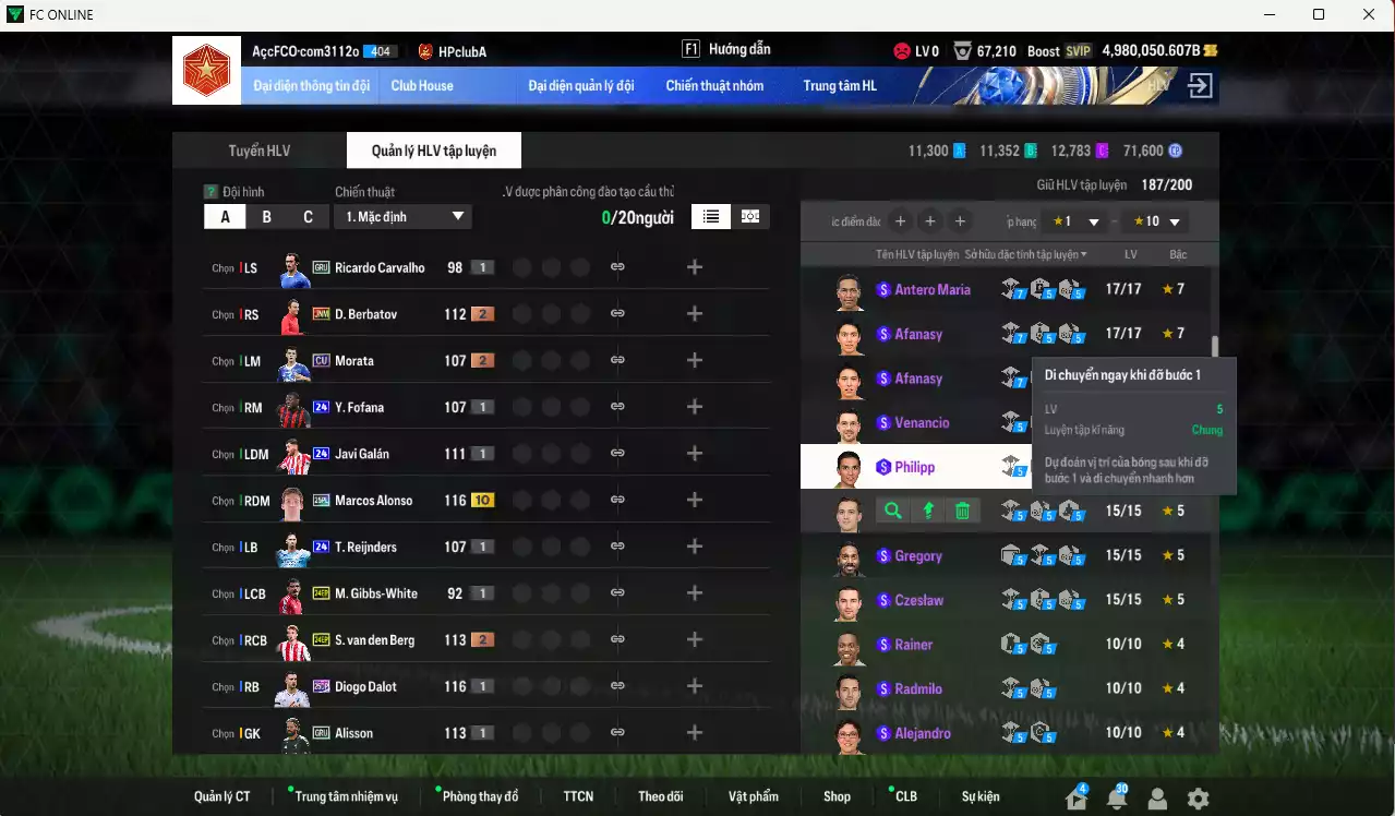 Ảnh [Tặng 1160coin TM vs Công Phượng PRM] ACC 4980050b trắng, có thẻ đổi tên, full miniface. HLV Siêu Xịn, dư 280k TC