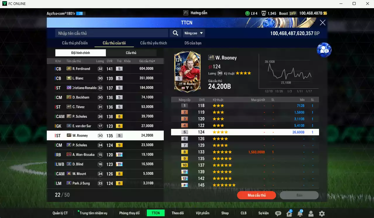 Ảnh [Tặng 100FC] Man Utd. 2.040.980b dư 100kb có Ferdinand ITM+5, Vidic ITM+5, Blanc ITM+5, CR7 CH, Beckham DCB, Tévez WS, Scholes DC, Rooney WS...