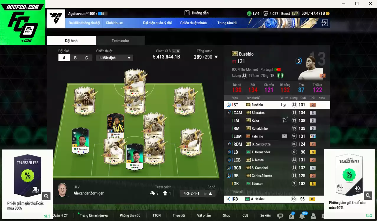 [Dư nhiều BP] Full ITM 5.413.840b dư 600kb có Kaká ITM+5, Ronaldinho ITM+5, Campbell ITM+5, Sócrates ITM+5, Fabinho MOG+12, Eusébio ITM, Nesta ITM, Zambrotta ITM, Alberto ITM... Full miniface