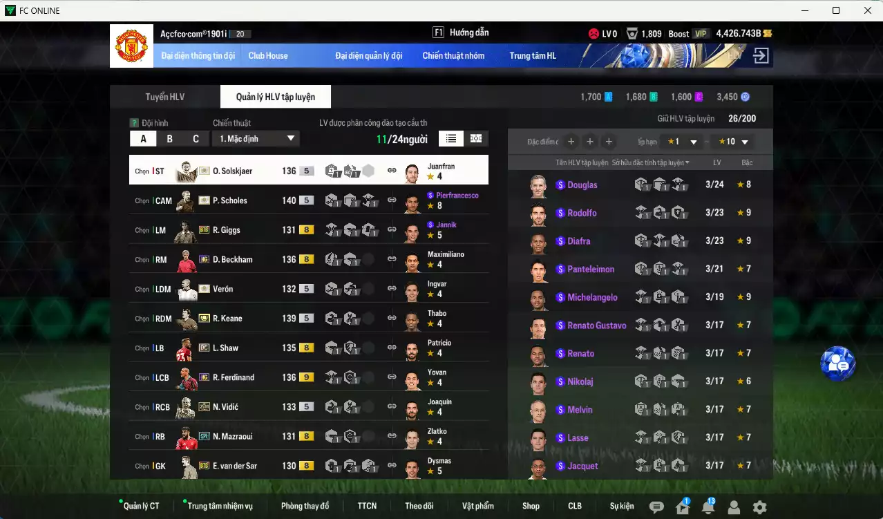 Ảnh Man Utd. 1.674.410b có Scholes ITM+5, Verón ITM+5, Keane ITM+5, Giggs BTB (limit), Ferdinand HG+9, Ole ITM+5, Beckham HG, Mazraoui SPL, Vidic 25IM...