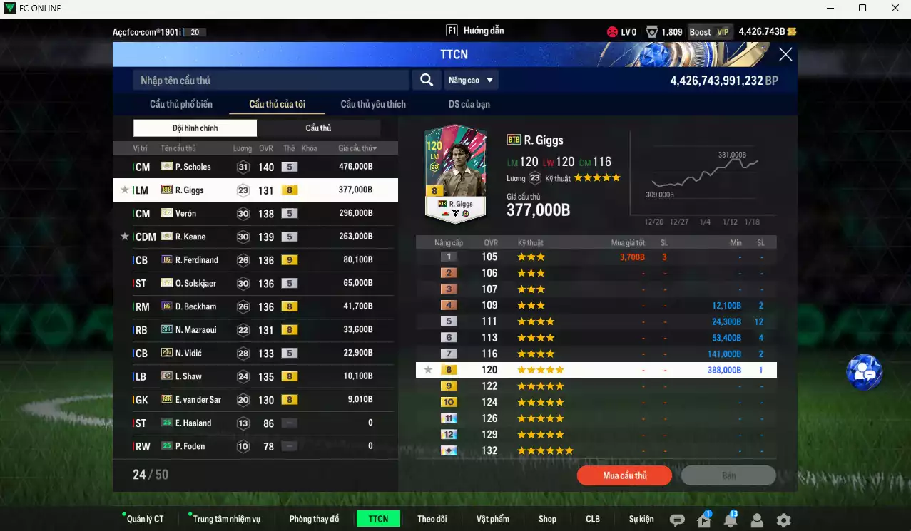 Ảnh Man Utd. 1.674.410b có Scholes ITM+5, Verón ITM+5, Keane ITM+5, Giggs BTB (limit), Ferdinand HG+9, Ole ITM+5, Beckham HG, Mazraoui SPL, Vidic 25IM...