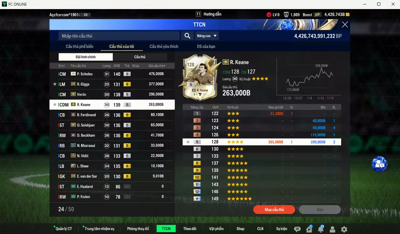 Ảnh Man Utd. 1.674.410b có Scholes ITM+5, Verón ITM+5, Keane ITM+5, Giggs BTB (limit), Ferdinand HG+9, Ole ITM+5, Beckham HG, Mazraoui SPL, Vidic 25IM...