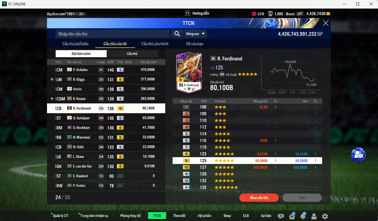 Ảnh Man Utd. 1.674.410b có Scholes ITM+5, Verón ITM+5, Keane ITM+5, Giggs BTB (limit), Ferdinand HG+9, Ole ITM+5, Beckham HG, Mazraoui SPL, Vidic 25IM...