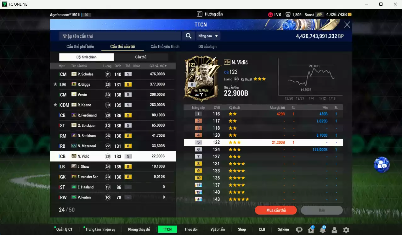 Ảnh Man Utd. 1.674.410b có Scholes ITM+5, Verón ITM+5, Keane ITM+5, Giggs BTB (limit), Ferdinand HG+9, Ole ITM+5, Beckham HG, Mazraoui SPL, Vidic 25IM...