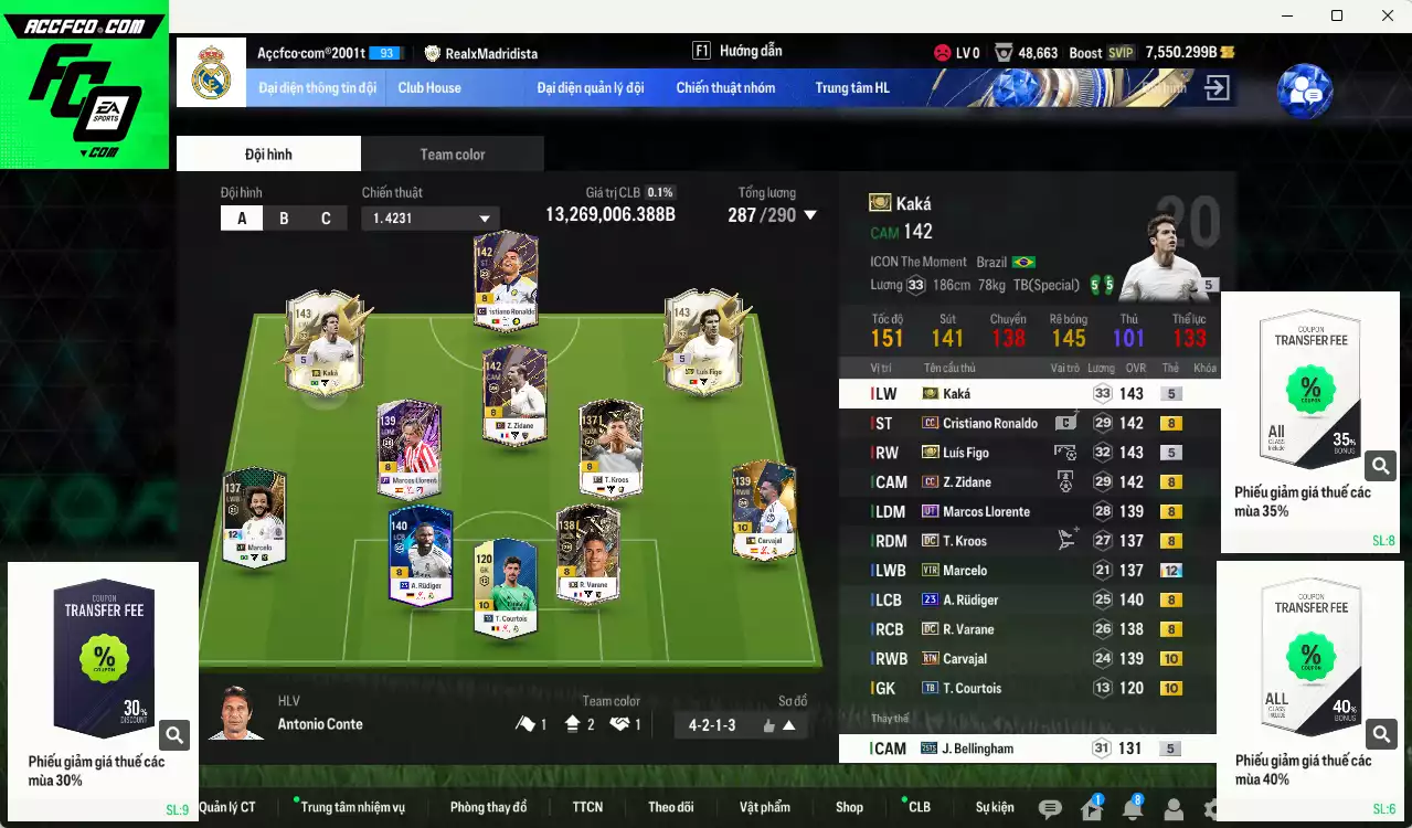 [Tặng 200FC] Real Madrid 13.269.00b có Kaká ITM+5, Figo ITM+5, CR7 CC+8, Rudiger 23UCL, Varane DC, Marcelo VTR+12, Zidane CC, Llorente UT, Bellingham 25TS, Kroos DC, Carvajal RTN+10... Còn nhiều CP GẢM THUẾ, HLV Xịn, dã đào tạo full chỉ số cầu thủ, dư 100k TC, VIP BK Tháng 1