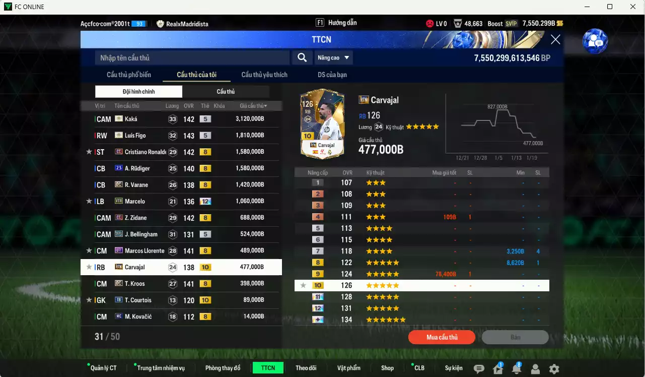 Ảnh [Tặng 200FC] Real Madrid 13.269.00b có Kaká ITM+5, Figo ITM+5, CR7 CC+8, Rudiger 23UCL, Varane DC, Marcelo VTR+12, Zidane CC, Llorente UT, Bellingham 25TS, Kroos DC, Carvajal RTN+10... Còn nhiều CP GẢM THUẾ, HLV Xịn, dã đào tạo full chỉ số cầu thủ, dư 100k TC, VIP BK Tháng 1