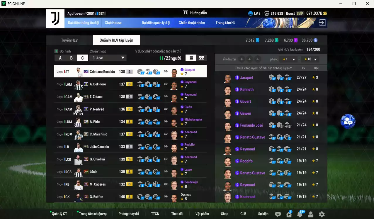 Ảnh Juventus 623.100b có CR7 CH, Zidane WS, Pirlo MDL, Nedved LN, Cancelo WS, Buffon CC, Lúcio JNM, Chiellini CC, Marchisio DC... Full miniface, HLV Xịn, đã full đào tạo chiến thuật vs chỉ số cầu thủ