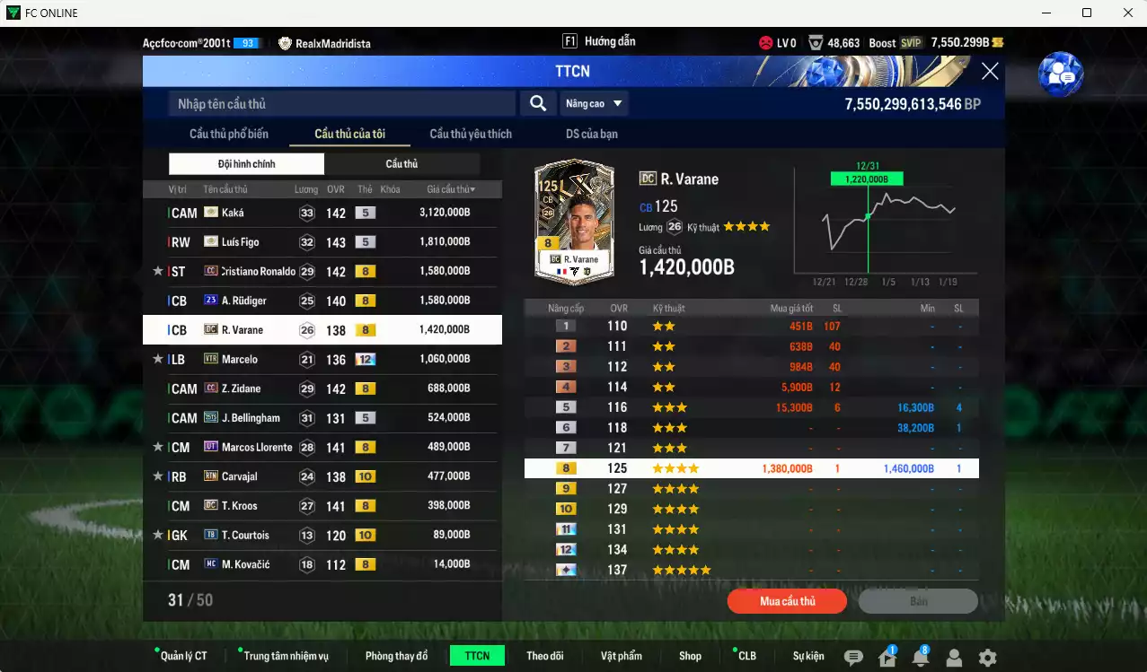 Ảnh [Tặng 200FC] Real Madrid 13.269.00b có Kaká ITM+5, Figo ITM+5, CR7 CC+8, Rudiger 23UCL, Varane DC, Marcelo VTR+12, Zidane CC, Llorente UT, Bellingham 25TS, Kroos DC, Carvajal RTN+10... Còn nhiều CP GẢM THUẾ, HLV Xịn, dã đào tạo full chỉ số cầu thủ, dư 100k TC, VIP BK Tháng 1