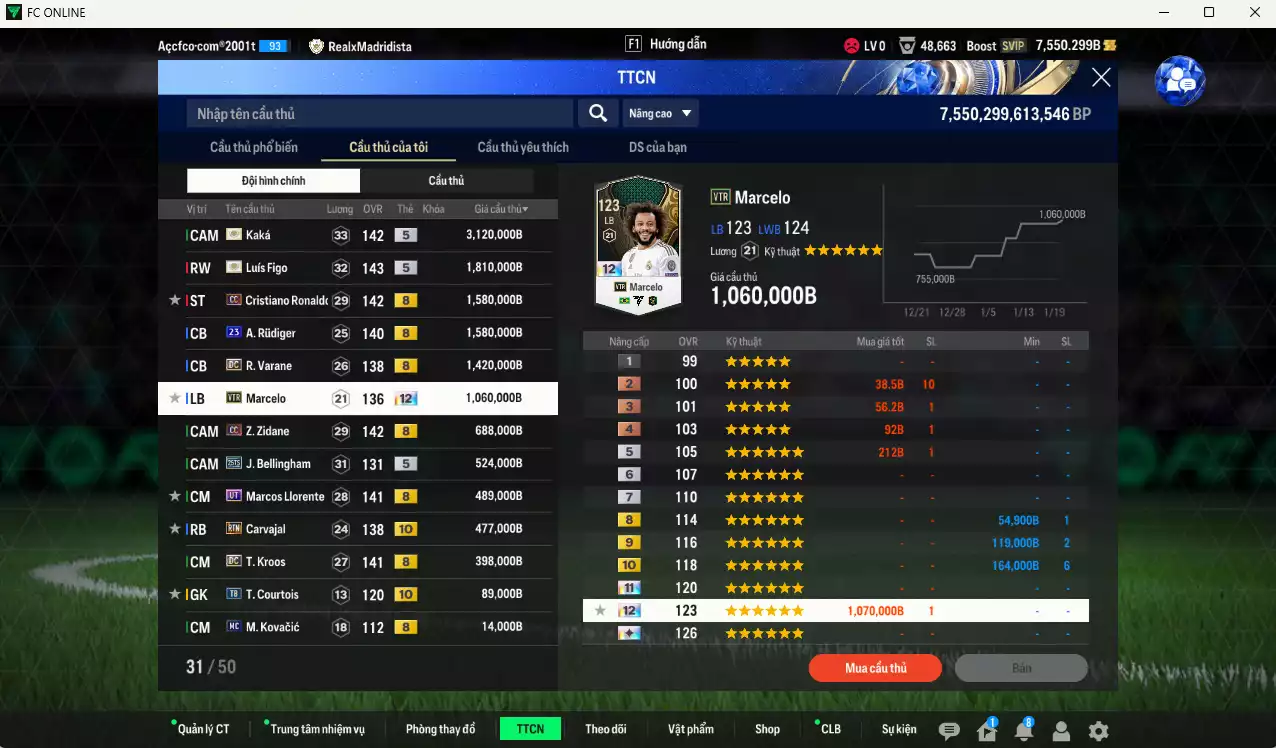 Ảnh [Tặng 200FC] Real Madrid 13.269.00b có Kaká ITM+5, Figo ITM+5, CR7 CC+8, Rudiger 23UCL, Varane DC, Marcelo VTR+12, Zidane CC, Llorente UT, Bellingham 25TS, Kroos DC, Carvajal RTN+10... Còn nhiều CP GẢM THUẾ, HLV Xịn, dã đào tạo full chỉ số cầu thủ, dư 100k TC, VIP BK Tháng 1