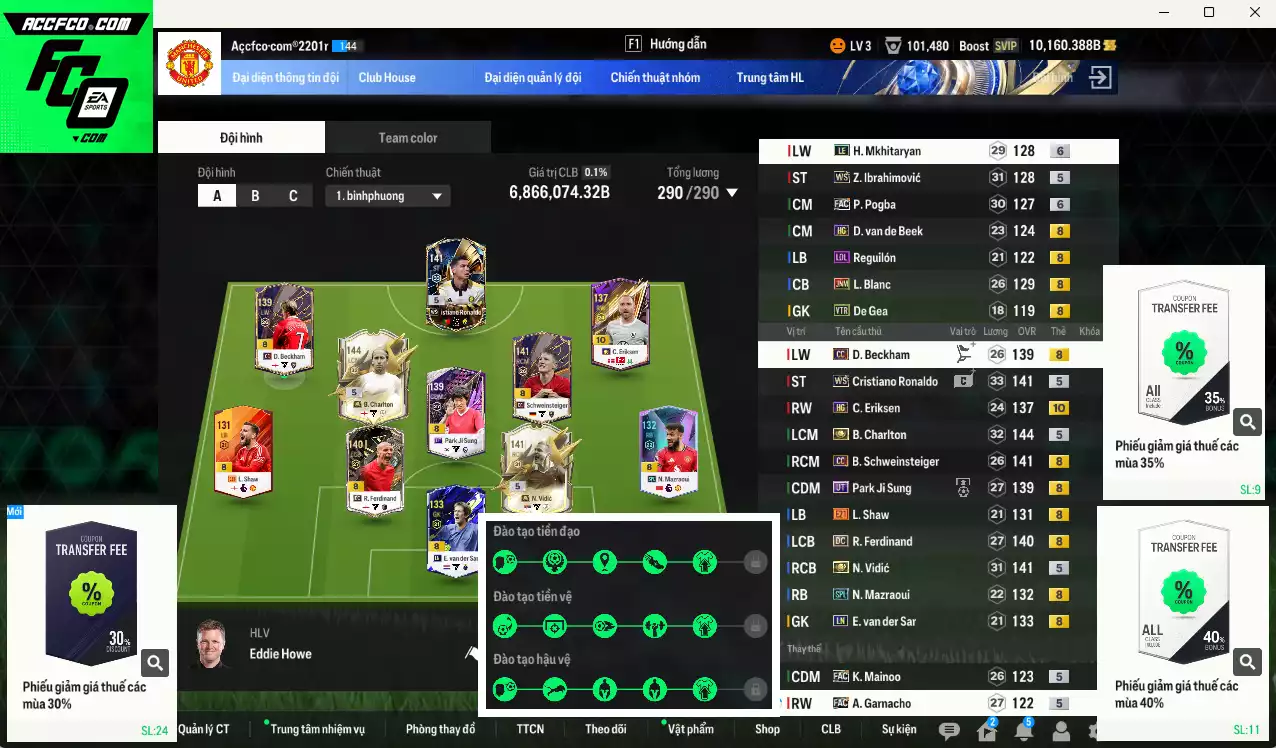 Man Utd. 6.866.070b có Charlton ITM+5, CR7 WS, Vidic ITM+5, Park UT, Ferdinand DC, Beckham CC, Pogba FAC+6, Eriksen HG+10, Schweinsteiger CC, Mkhitaryan LE+6, Ibrahimovic WS... Còn nhiều CP GIẢM THUẾ, HLV Xịn, gần full đào tạo