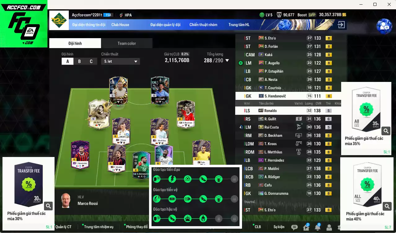 Inter Milan mix Quốc Dân 2.115.760b có Matthaus CC, Eto JNM, Gullit FAC+6, Beckham CC, Rui Costa ITM+5, Ronaldo WS, Kroos CC, Forlán JNM, Rudiger SPL, Kaká LN, Maldini CC, Nesta DC... Còn nhiều coin TM, HLV Xịn, gần full đào tạo