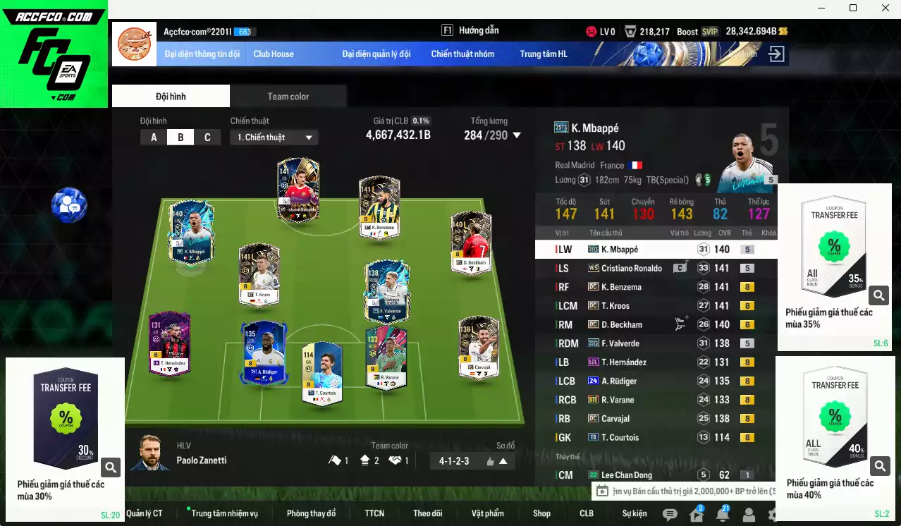 Real Madrid 4.667.430b có CR7 WS, Mbappé 25TS, Kroos DC, Rudiger 24UCL Valverde 25TS, Beckham DC, Benzema DC, Varane BTB, Carvajal DC... Full miniface, HLV Xịn, đã đào tạo full chỉ số cầu thủ