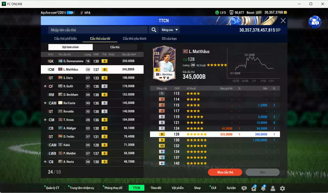 Ảnh Inter Milan mix Quốc Dân 2.115.760b có Matthaus CC, Eto JNM, Gullit FAC+6, Beckham CC, Rui Costa ITM+5, Ronaldo WS, Kroos CC, Forlán JNM, Rudiger SPL, Kaká LN, Maldini CC, Nesta DC... Còn nhiều coin TM, HLV Xịn, gần full đào tạo