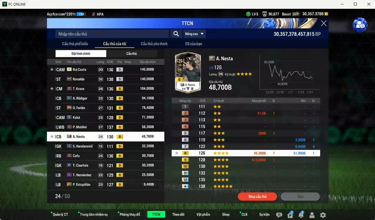 Ảnh Inter Milan mix Quốc Dân 2.115.760b có Matthaus CC, Eto JNM, Gullit FAC+6, Beckham CC, Rui Costa ITM+5, Ronaldo WS, Kroos CC, Forlán JNM, Rudiger SPL, Kaká LN, Maldini CC, Nesta DC... Còn nhiều coin TM, HLV Xịn, gần full đào tạo