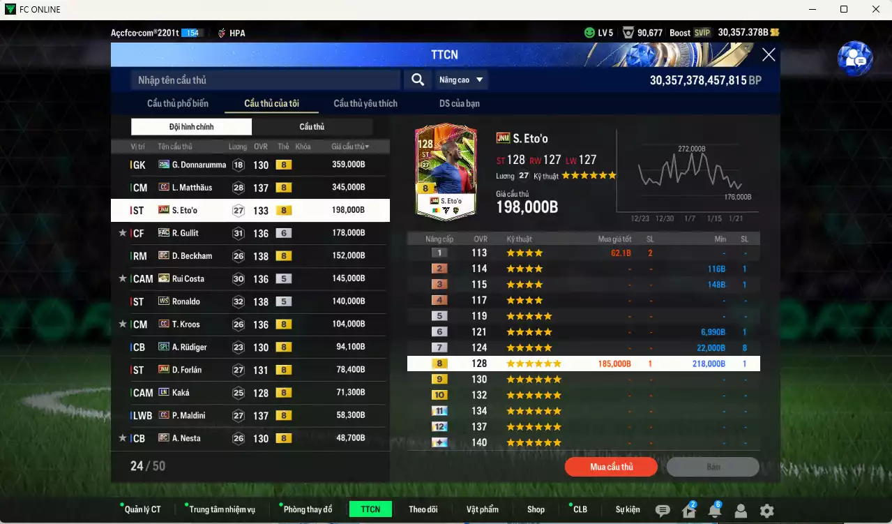 Ảnh Inter Milan mix Quốc Dân 2.115.760b có Matthaus CC, Eto JNM, Gullit FAC+6, Beckham CC, Rui Costa ITM+5, Ronaldo WS, Kroos CC, Forlán JNM, Rudiger SPL, Kaká LN, Maldini CC, Nesta DC... Còn nhiều coin TM, HLV Xịn, gần full đào tạo