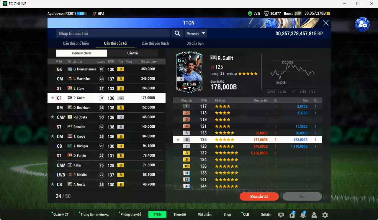 Ảnh Inter Milan mix Quốc Dân 2.115.760b có Matthaus CC, Eto JNM, Gullit FAC+6, Beckham CC, Rui Costa ITM+5, Ronaldo WS, Kroos CC, Forlán JNM, Rudiger SPL, Kaká LN, Maldini CC, Nesta DC... Còn nhiều coin TM, HLV Xịn, gần full đào tạo