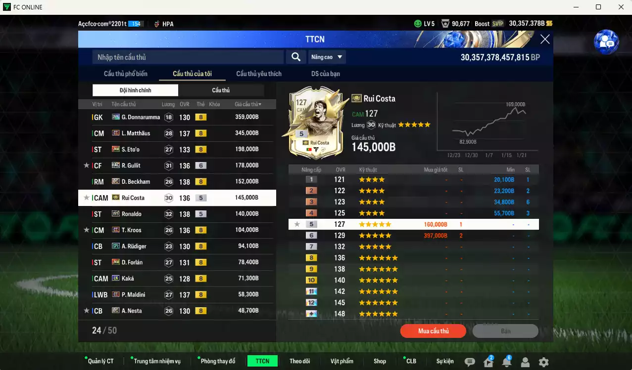 Ảnh Inter Milan mix Quốc Dân 2.115.760b có Matthaus CC, Eto JNM, Gullit FAC+6, Beckham CC, Rui Costa ITM+5, Ronaldo WS, Kroos CC, Forlán JNM, Rudiger SPL, Kaká LN, Maldini CC, Nesta DC... Còn nhiều coin TM, HLV Xịn, gần full đào tạo