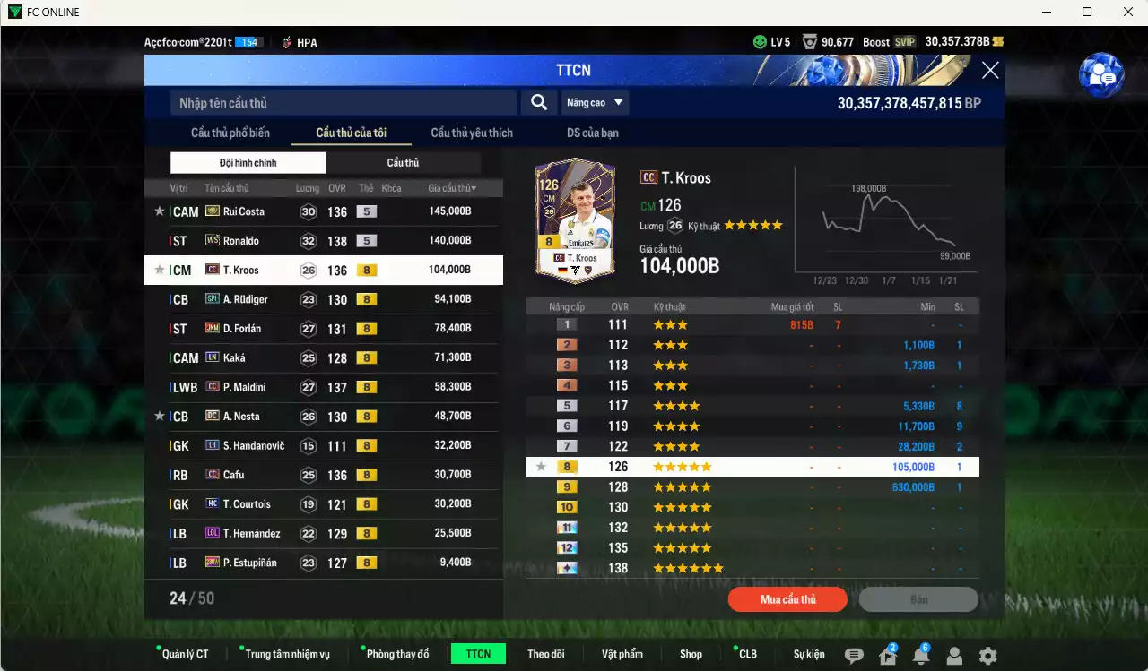 Ảnh Inter Milan mix Quốc Dân 2.115.760b có Matthaus CC, Eto JNM, Gullit FAC+6, Beckham CC, Rui Costa ITM+5, Ronaldo WS, Kroos CC, Forlán JNM, Rudiger SPL, Kaká LN, Maldini CC, Nesta DC... Còn nhiều coin TM, HLV Xịn, gần full đào tạo