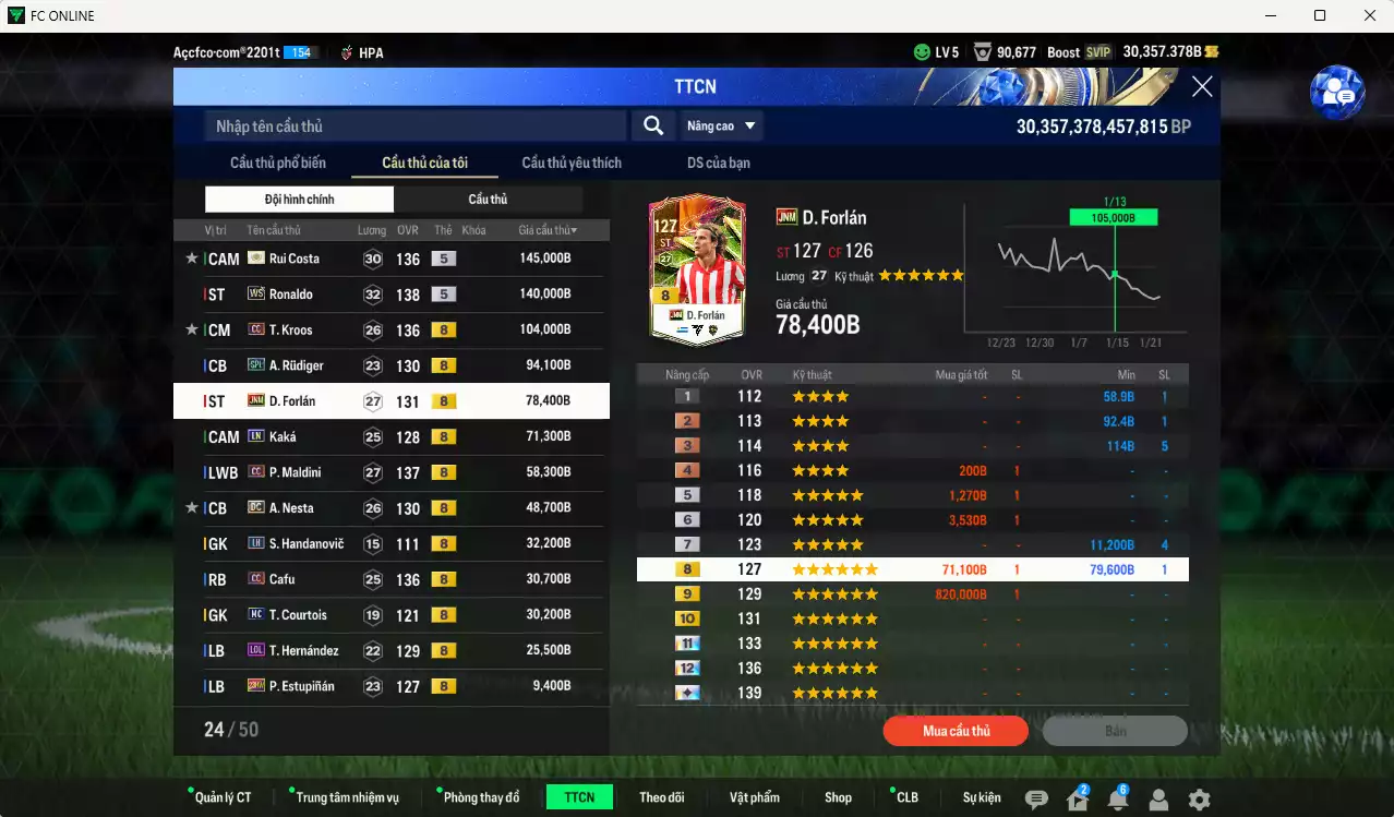 Ảnh Inter Milan mix Quốc Dân 2.115.760b có Matthaus CC, Eto JNM, Gullit FAC+6, Beckham CC, Rui Costa ITM+5, Ronaldo WS, Kroos CC, Forlán JNM, Rudiger SPL, Kaká LN, Maldini CC, Nesta DC... Còn nhiều coin TM, HLV Xịn, gần full đào tạo