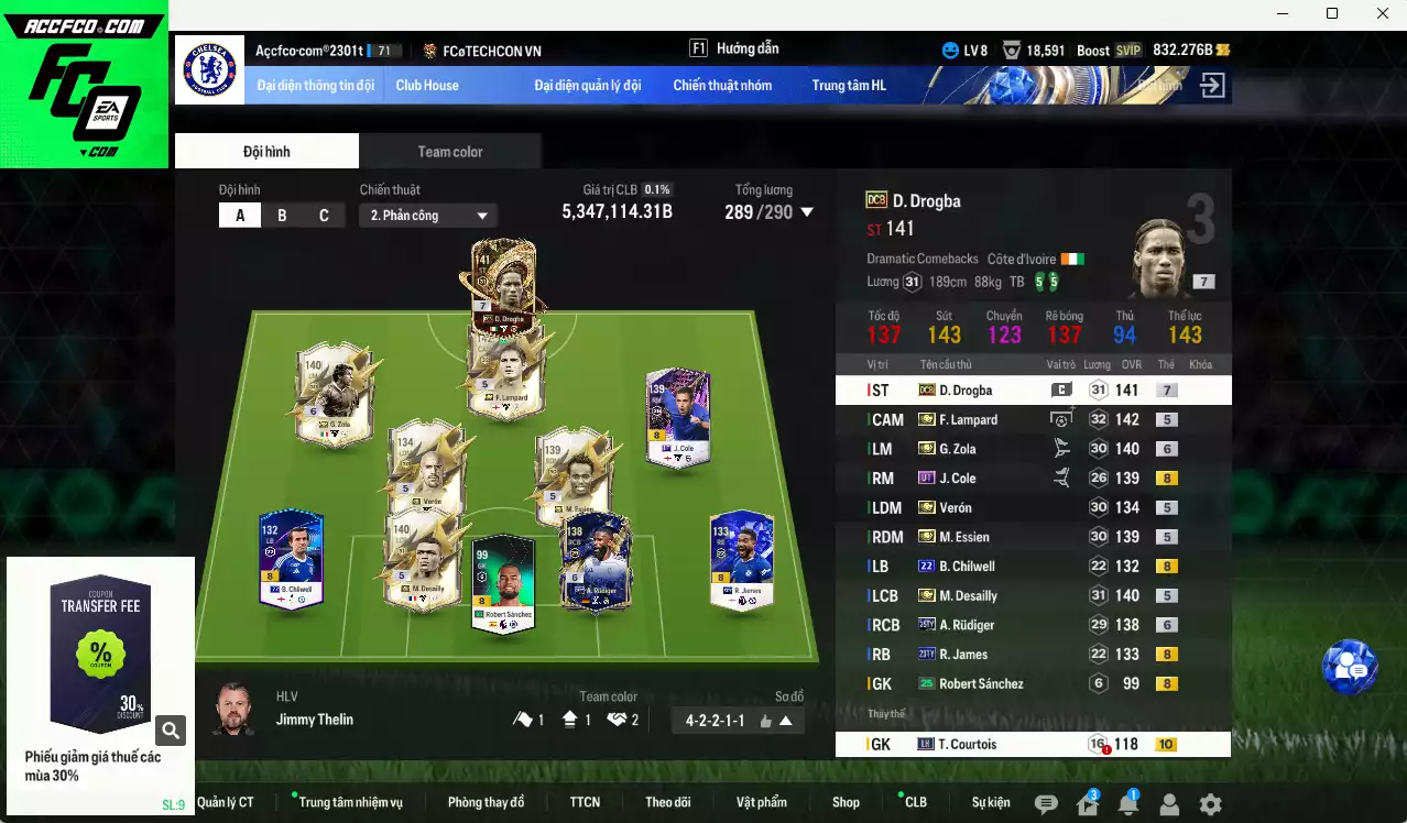 Chelsea 5.347.110b có Drogba DCB+7, Lampard ITM+5, Zola ITM+6, R. James 23TY+8, J. Cole UT, Essien ITM+5, Verón ITM+5, Desailly ITM+5, Rudiger 25TY+6, Chilwell 22UCL, Courtois LH+10... Đã đào tạo chỉ số nhiều cầu thủ, VIP BK Tháng 2