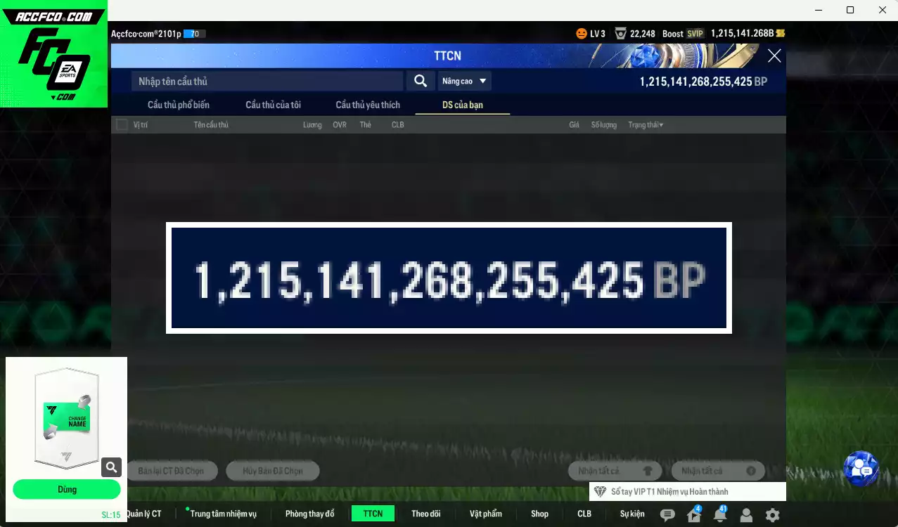 ACC 1215141b trắng, có thẻ đổi tên. HLV Xịn, dư 180k TC