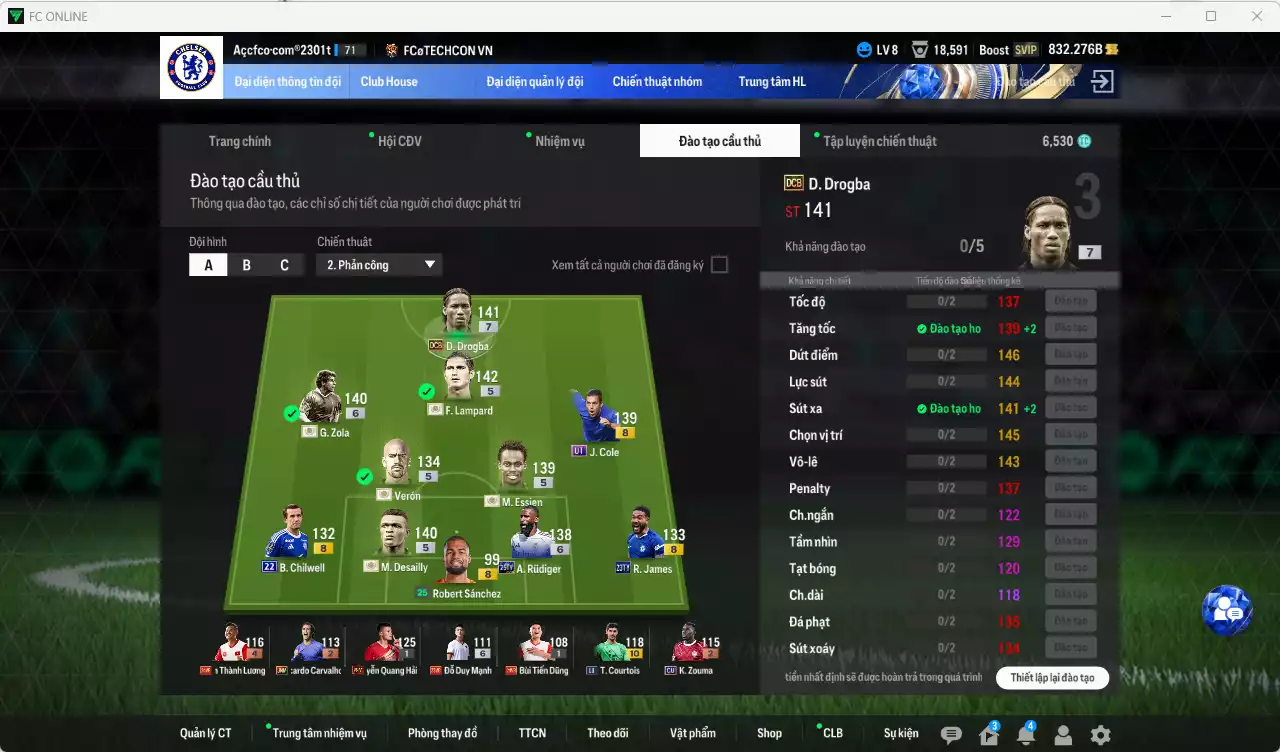 Ảnh Chelsea 5.347.110b có Drogba DCB+7, Lampard ITM+5, Zola ITM+6, R. James 23TY+8, J. Cole UT, Essien ITM+5, Verón ITM+5, Desailly ITM+5, Rudiger 25TY+6, Chilwell 22UCL, Courtois LH+10... Đã đào tạo chỉ số nhiều cầu thủ, VIP BK Tháng 2