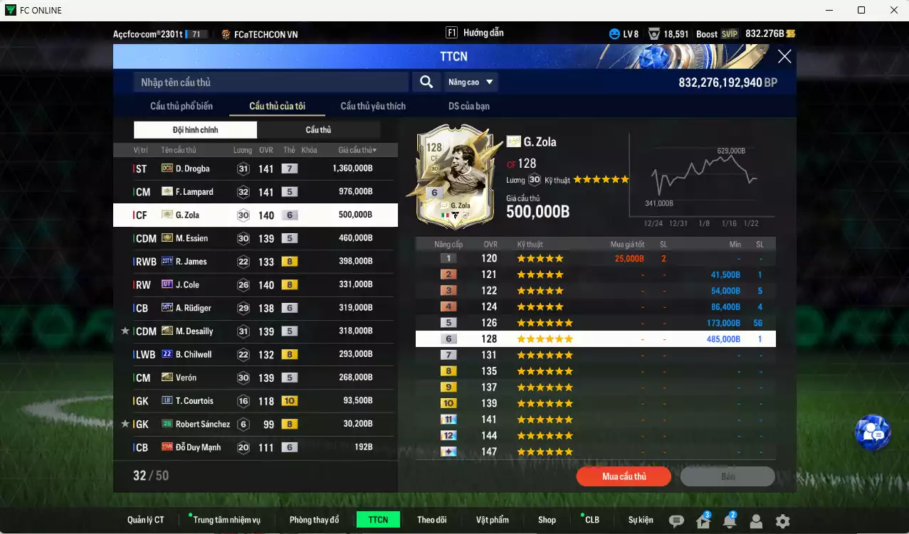 Ảnh Chelsea 5.347.110b có Drogba DCB+7, Lampard ITM+5, Zola ITM+6, R. James 23TY+8, J. Cole UT, Essien ITM+5, Verón ITM+5, Desailly ITM+5, Rudiger 25TY+6, Chilwell 22UCL, Courtois LH+10... Đã đào tạo chỉ số nhiều cầu thủ, VIP BK Tháng 2