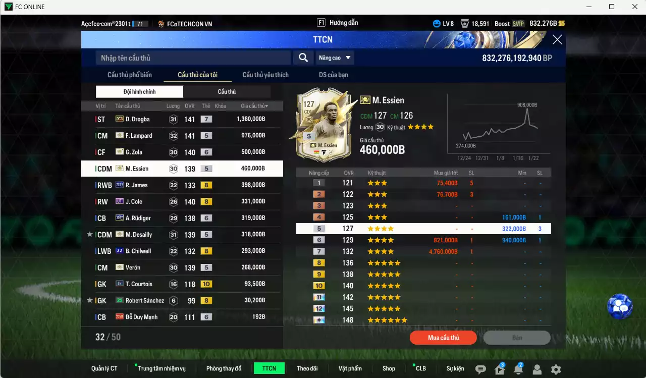 Ảnh Chelsea 5.347.110b có Drogba DCB+7, Lampard ITM+5, Zola ITM+6, R. James 23TY+8, J. Cole UT, Essien ITM+5, Verón ITM+5, Desailly ITM+5, Rudiger 25TY+6, Chilwell 22UCL, Courtois LH+10... Đã đào tạo chỉ số nhiều cầu thủ, VIP BK Tháng 2