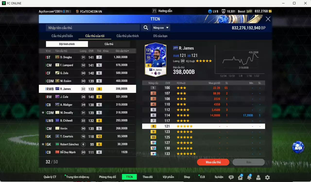 Ảnh Chelsea 5.347.110b có Drogba DCB+7, Lampard ITM+5, Zola ITM+6, R. James 23TY+8, J. Cole UT, Essien ITM+5, Verón ITM+5, Desailly ITM+5, Rudiger 25TY+6, Chilwell 22UCL, Courtois LH+10... Đã đào tạo chỉ số nhiều cầu thủ, VIP BK Tháng 2