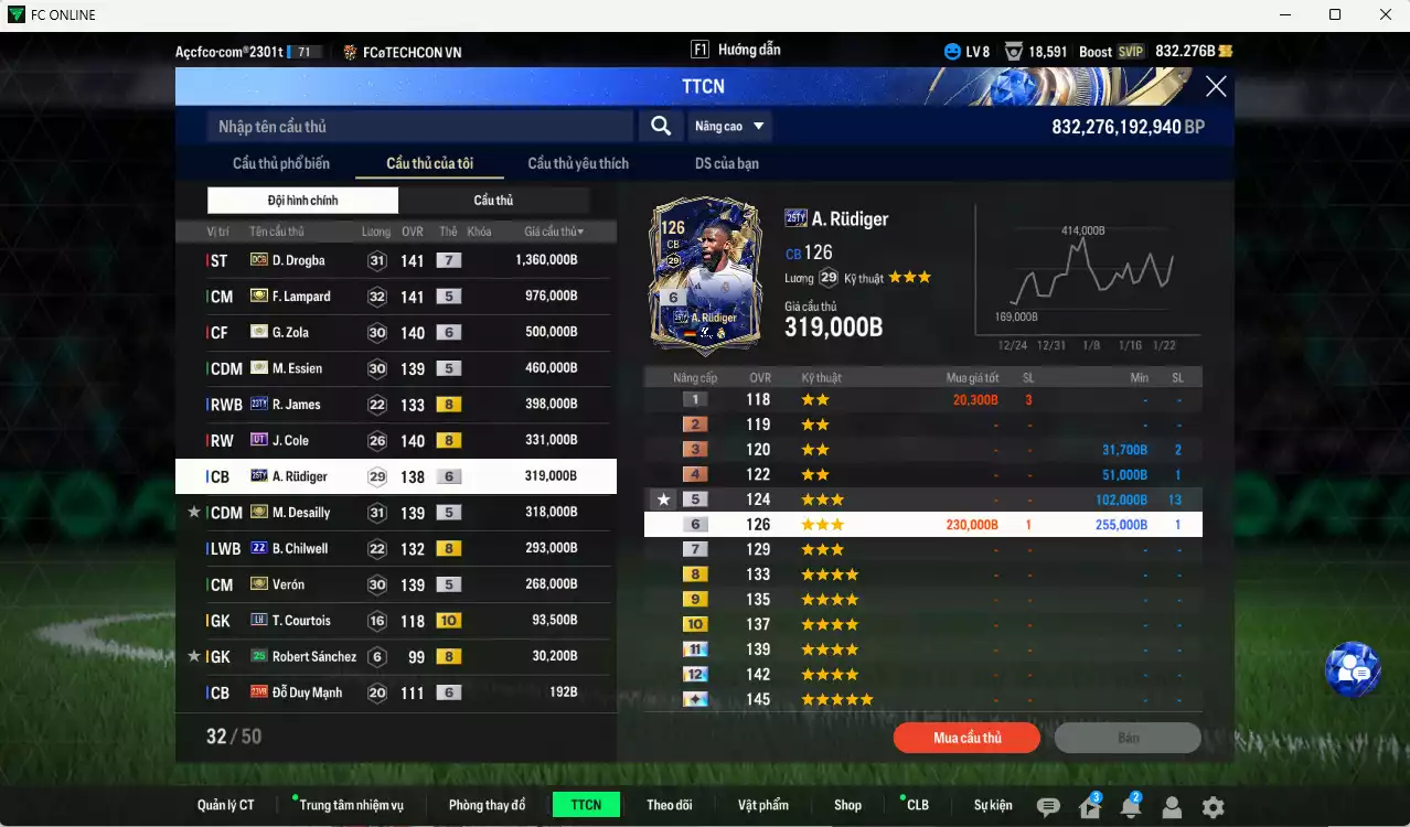Ảnh Chelsea 5.347.110b có Drogba DCB+7, Lampard ITM+5, Zola ITM+6, R. James 23TY+8, J. Cole UT, Essien ITM+5, Verón ITM+5, Desailly ITM+5, Rudiger 25TY+6, Chilwell 22UCL, Courtois LH+10... Đã đào tạo chỉ số nhiều cầu thủ, VIP BK Tháng 2
