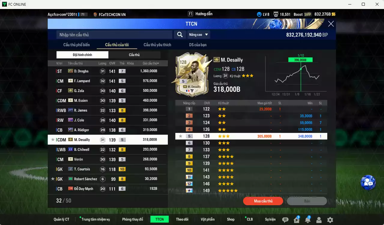 Ảnh Chelsea 5.347.110b có Drogba DCB+7, Lampard ITM+5, Zola ITM+6, R. James 23TY+8, J. Cole UT, Essien ITM+5, Verón ITM+5, Desailly ITM+5, Rudiger 25TY+6, Chilwell 22UCL, Courtois LH+10... Đã đào tạo chỉ số nhiều cầu thủ, VIP BK Tháng 2