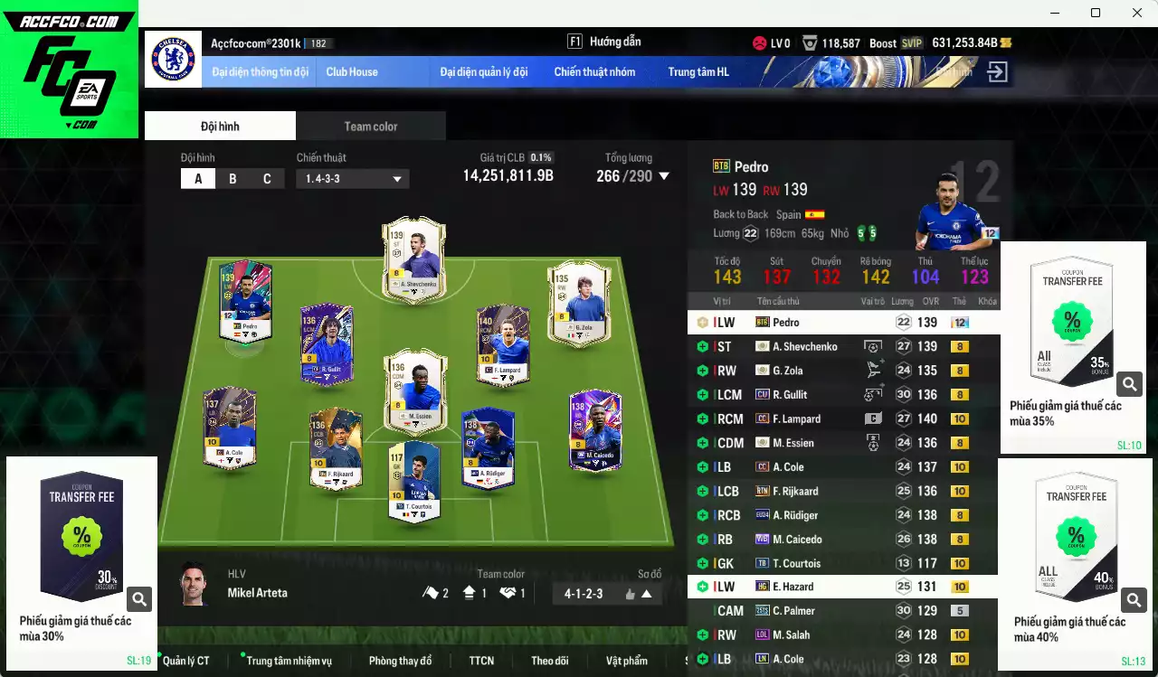 [Tặng 6900FC vs nick Liên Quân VIP] Chelsea 14.251.810b dư 630kb có Sheva ICON+8, Zola ICON+8, Essien ICON+8, Pedro BTB+12 (bù) , Gullit CU, Rudiger 24EU, Lampard CC+10, Hazard HG+10, Rijkaard RTN+10, Caicede WB, Cole CC+10, Salah LOL+10... Full miniface, còn nhiều CP GIẢM GIẢM THUẾ, HLV Xịn