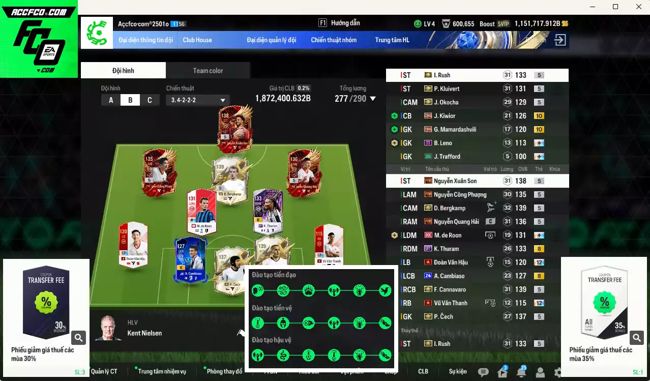 [Dư nhiều BP] PRM+5 mix ITM+5 1.872.400b dư 1150kb có Xuân Son PRM, Công Phượng PRM, Quang Hải PRM, Bergkamp ITM, Rush ITM, Cannavaro, Klvuiert ITM, Cech ITM, Okocha ITM, Cambiaso 24UCL... Full miniface, HLV Xịn, đã full đào tạo chiến thuật