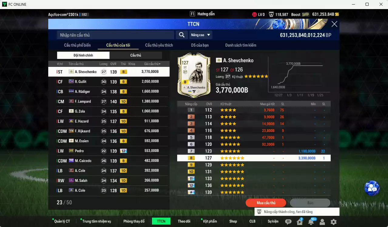 Ảnh [Tặng 6900FC vs nick Liên Quân VIP] Chelsea 14.251.810b dư 630kb có Sheva ICON+8, Zola ICON+8, Essien ICON+8, Pedro BTB+12 (bù) , Gullit CU, Rudiger 24EU, Lampard CC+10, Hazard HG+10, Rijkaard RTN+10, Caicede WB, Cole CC+10, Salah LOL+10... Full miniface, còn nhiều CP GIẢM GIẢM THUẾ, HLV Xịn