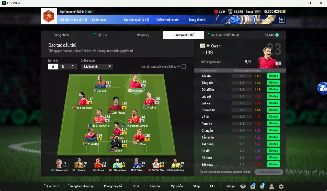 Ảnh Liverpool 1.106.570b có Owen ITM+5, Isak 25TS, Wirtz 25TS, Gravenberch ITM+5, Szoboszlai 23HW, Endo 23HW+9, Arnold 23HW... HLV tạm