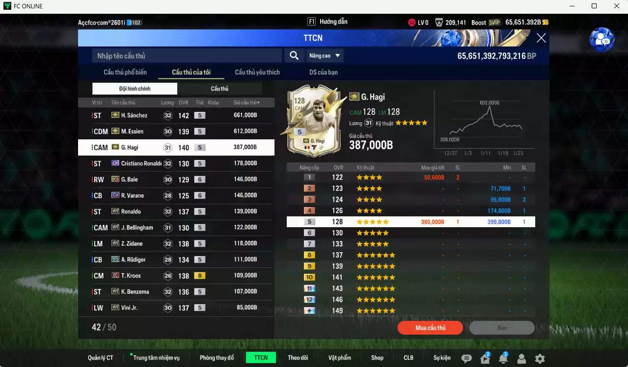 Ảnh Real Madrid 4.269.420b có H. Sánchez ITM+5, Hagi ITM+5, Essien ITM+5, CR7 CH, Ronaldo WS, Bale DCB+6, Bellingham WS, Zidane WS, Kroos CC, Benzema WS, Vini WS, Casemiro WS... Full miniface, còn nhiều coin TM. HLV Xịn, dư 130k TC