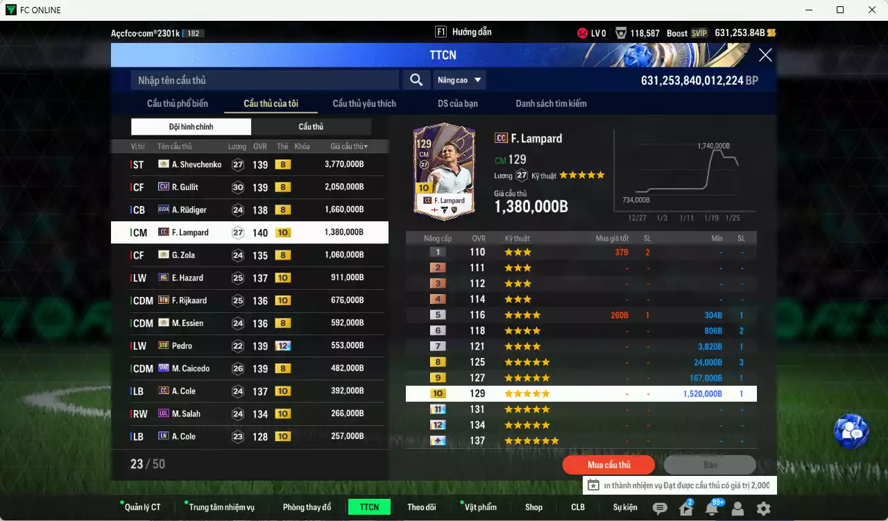 Ảnh [Tặng 6900FC vs nick Liên Quân VIP] Chelsea 14.251.810b dư 630kb có Sheva ICON+8, Zola ICON+8, Essien ICON+8, Pedro BTB+12 (bù) , Gullit CU, Rudiger 24EU, Lampard CC+10, Hazard HG+10, Rijkaard RTN+10, Caicede WB, Cole CC+10, Salah LOL+10... Full miniface, còn nhiều CP GIẢM GIẢM THUẾ, HLV Xịn