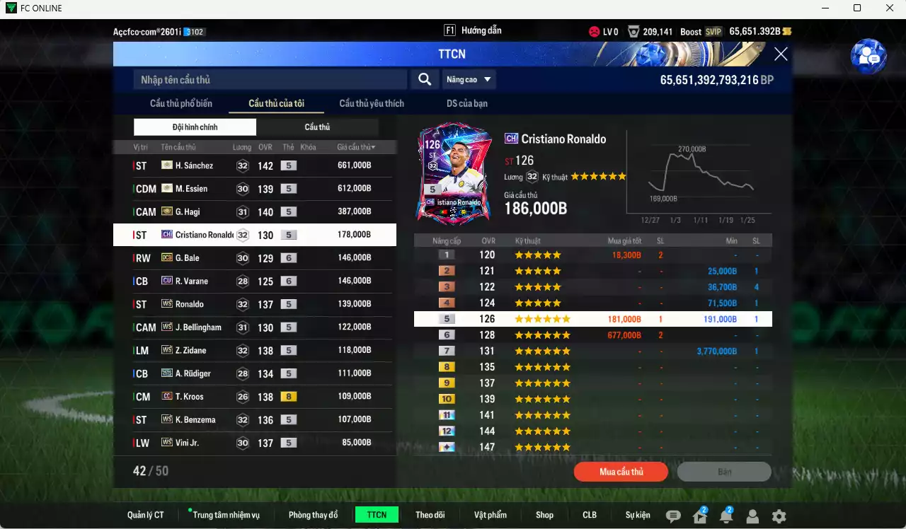 Ảnh Real Madrid 4.269.420b có H. Sánchez ITM+5, Hagi ITM+5, Essien ITM+5, CR7 CH, Ronaldo WS, Bale DCB+6, Bellingham WS, Zidane WS, Kroos CC, Benzema WS, Vini WS, Casemiro WS... Full miniface, còn nhiều coin TM. HLV Xịn, dư 130k TC