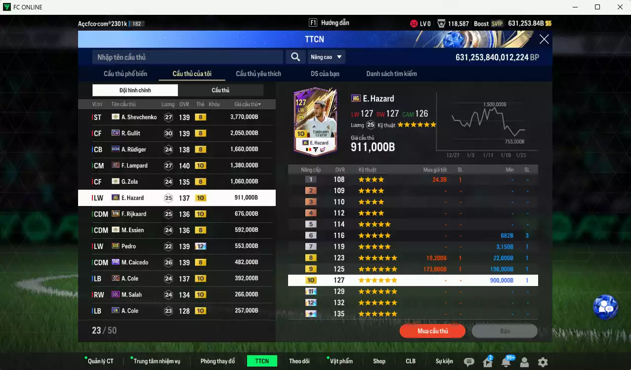 Ảnh [Tặng 6900FC vs nick Liên Quân VIP] Chelsea 14.251.810b dư 630kb có Sheva ICON+8, Zola ICON+8, Essien ICON+8, Pedro BTB+12 (bù) , Gullit CU, Rudiger 24EU, Lampard CC+10, Hazard HG+10, Rijkaard RTN+10, Caicede WB, Cole CC+10, Salah LOL+10... Full miniface, còn nhiều CP GIẢM GIẢM THUẾ, HLV Xịn