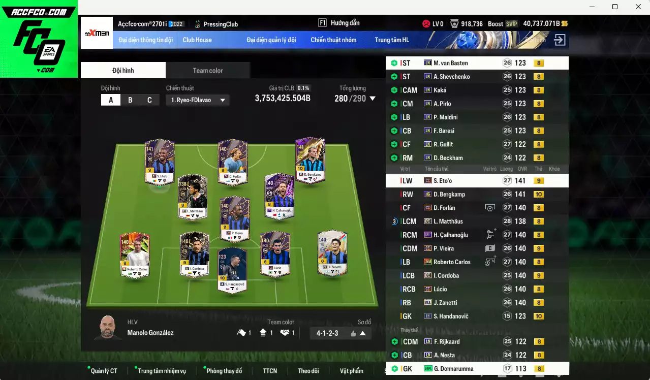 Inter Milan 3.753.420b (team phụ AC Milan LN) có Bergkamp HG+10, Matthaus DC, Eto CC+9, Calhanoglu UT, Vieira CC+9, Cordoba DC+9, Forlán CC, Kaká LN, Carlos JNM, Zanetti MDL, Lúcio CC... Full miniface, HLV Siêu Xịn, đã full đào tạo chiến thuật