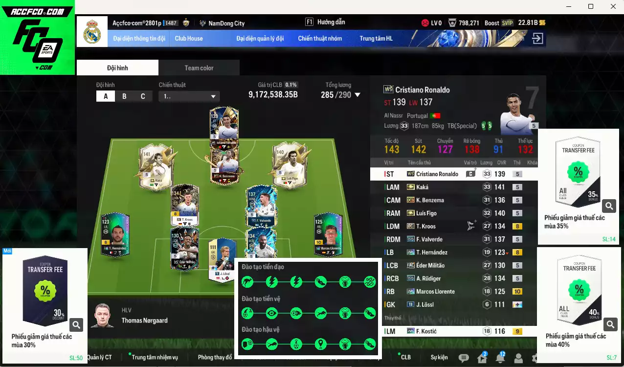 Real Madrid 9.172.530b có Figo ITM+5, Kaká ITM+5, CR7 WS, Kroos DC, Valverde 25TS, Rudiger 25TS, Benzema DCB, Theo 25PL, Llorente 25PL+10... Full miniface, còn nhiều CP GIẢM THUẾ. HLV Siêu Xịn, đã full đào tạo chiến thuật vs chỉ số ct