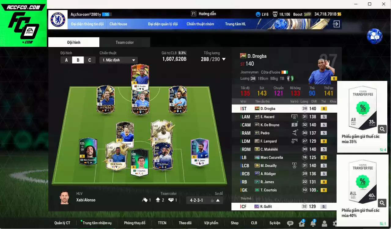 Chelsea 1.607.620b có Desailly ITM+5, Makélélé ITM+5, K. De Bruyne WS, Drogba JNM, Hazard WS, Gullit CH, Pedro WS, Rudiger 25TY, Lampard DC... Đã dào tạo chỉ số nhiều cầu thủ