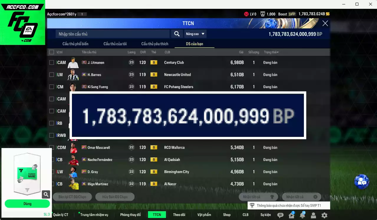 ACC 1783783b trắng, có thẻ đổi tên, còn CP GIẢM THUẾ