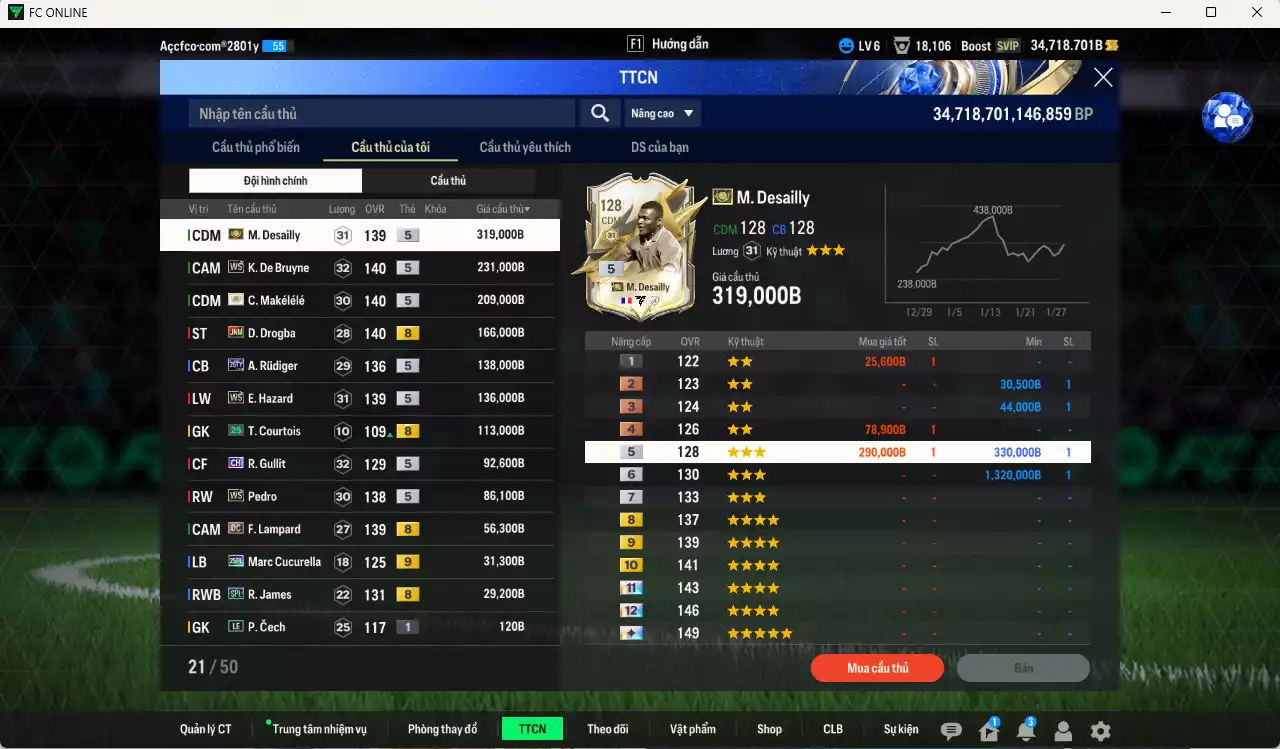 Ảnh Chelsea 1.607.620b có Desailly ITM+5, Makélélé ITM+5, K. De Bruyne WS, Drogba JNM, Hazard WS, Gullit CH, Pedro WS, Rudiger 25TY, Lampard DC... Đã dào tạo chỉ số nhiều cầu thủ